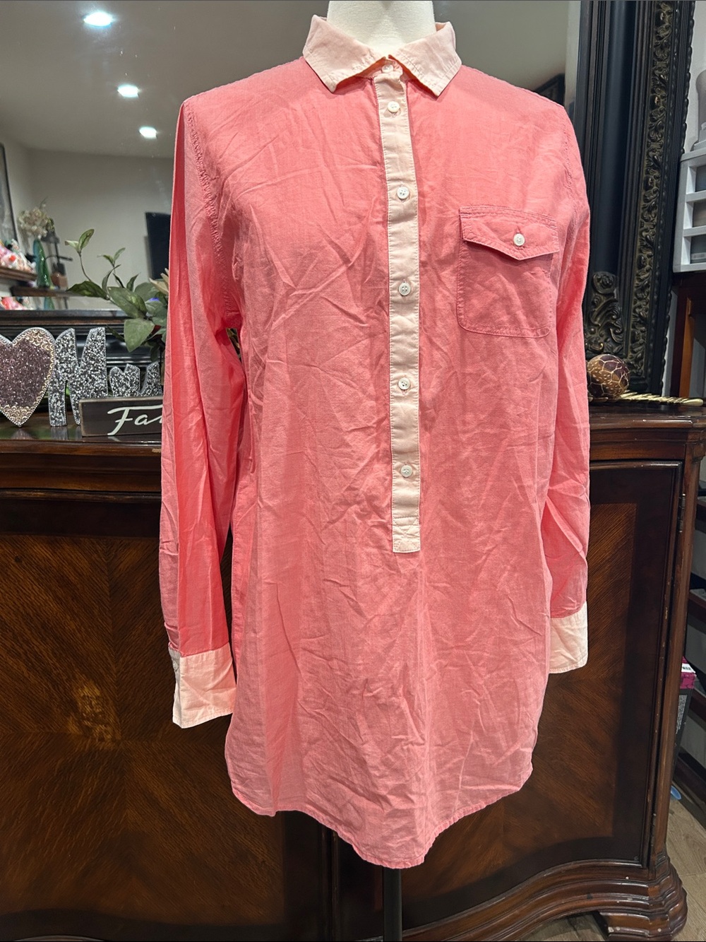 J. Crew Pink Tunic Shirt with Cream Trim